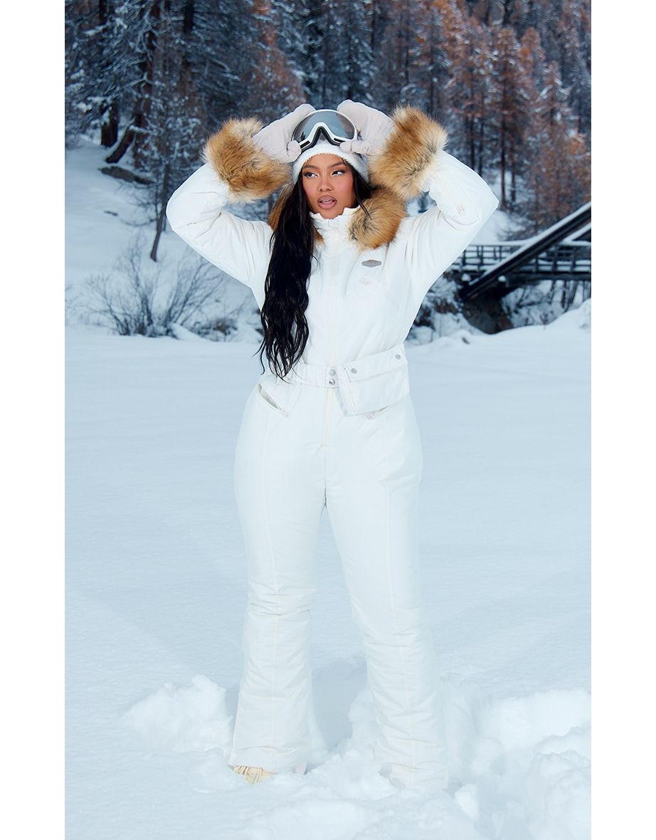 Plt Ski Cream Faux Fur Hooded Belted Snow Suit