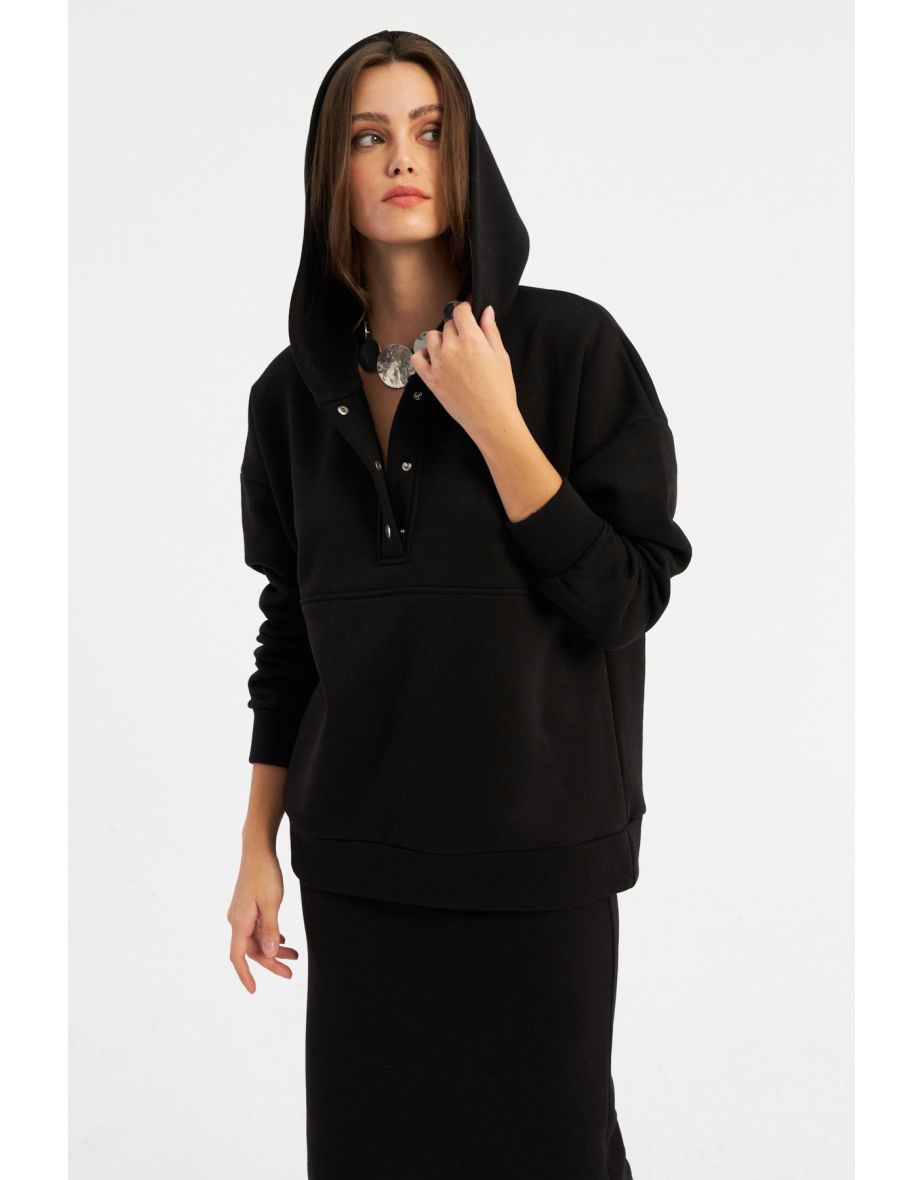 Women's Black Hooded Snap Sweatshirt