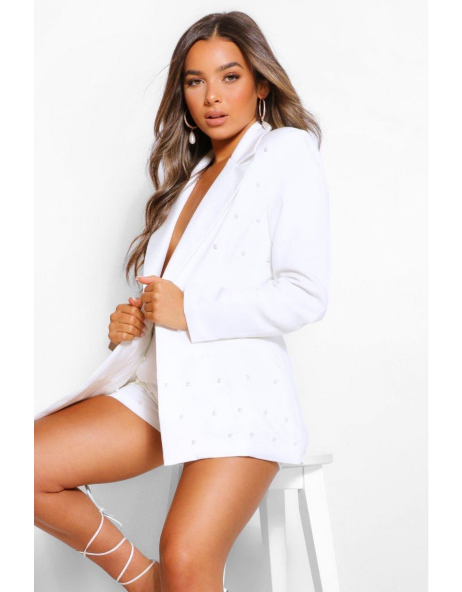 Petite Pearl Detail Blazer - white - 3