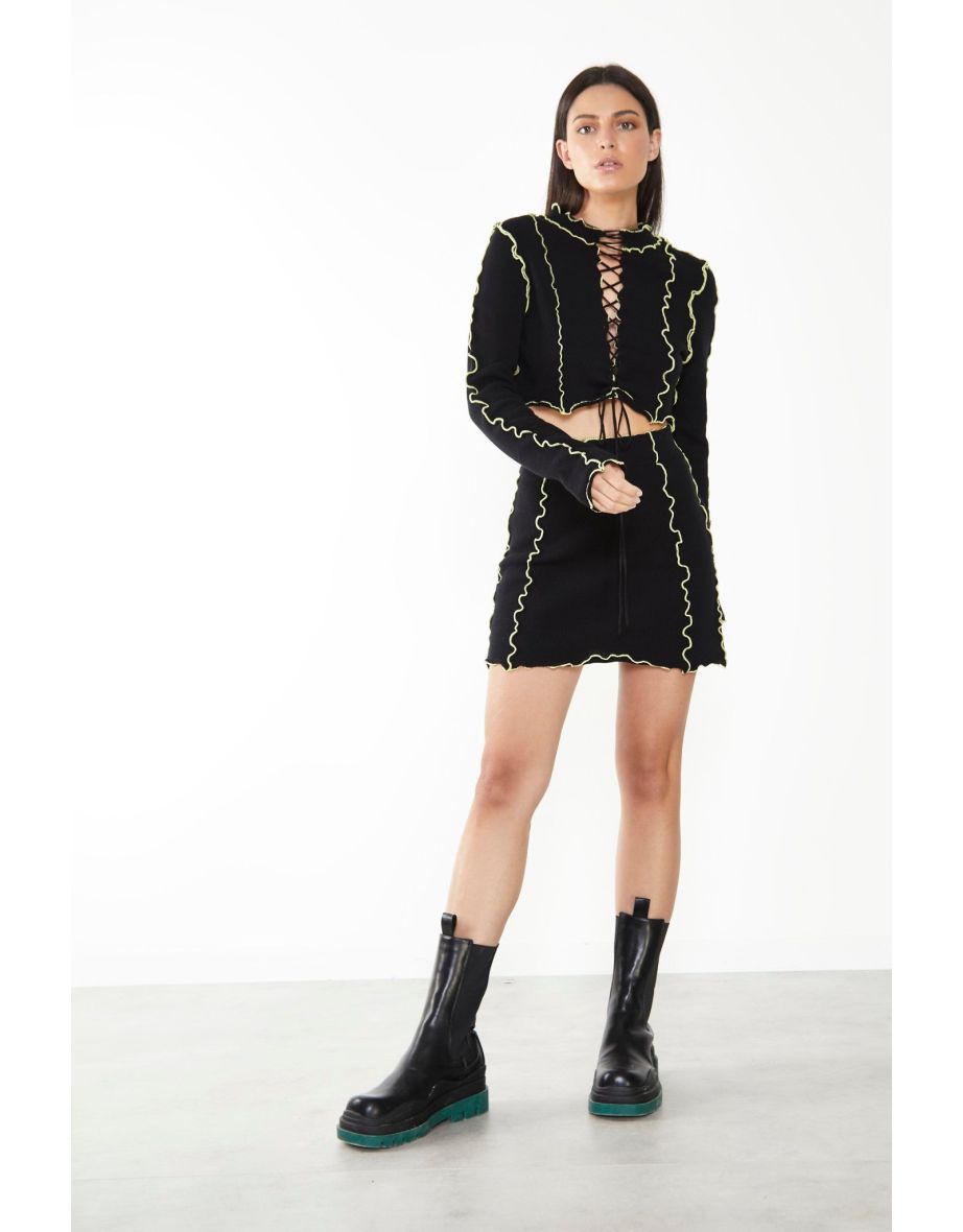 Glamorous Care Black Exposed Seam Lace Up Jumper