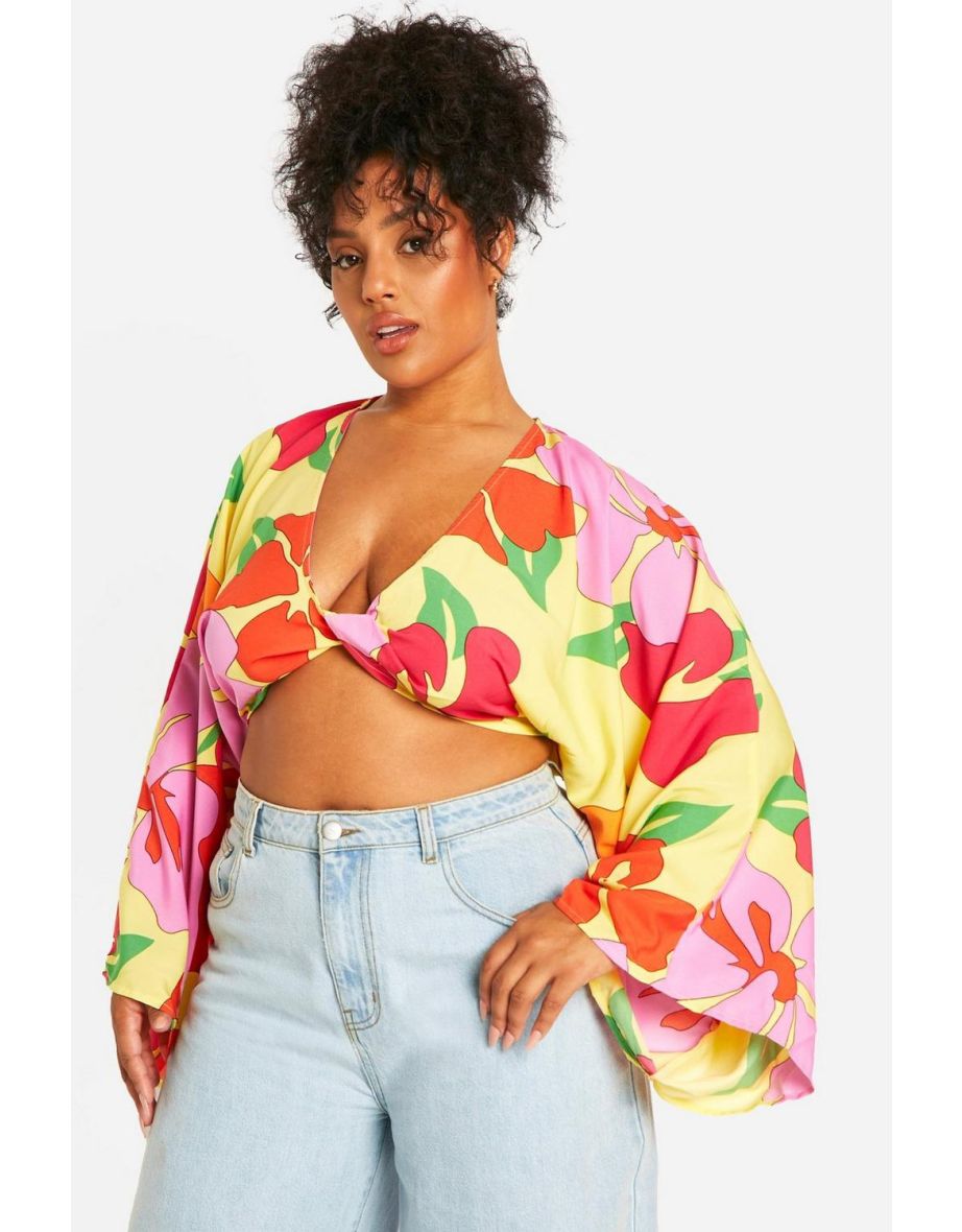 Plus Floral Twist Long Sleeve Crop Top - floral