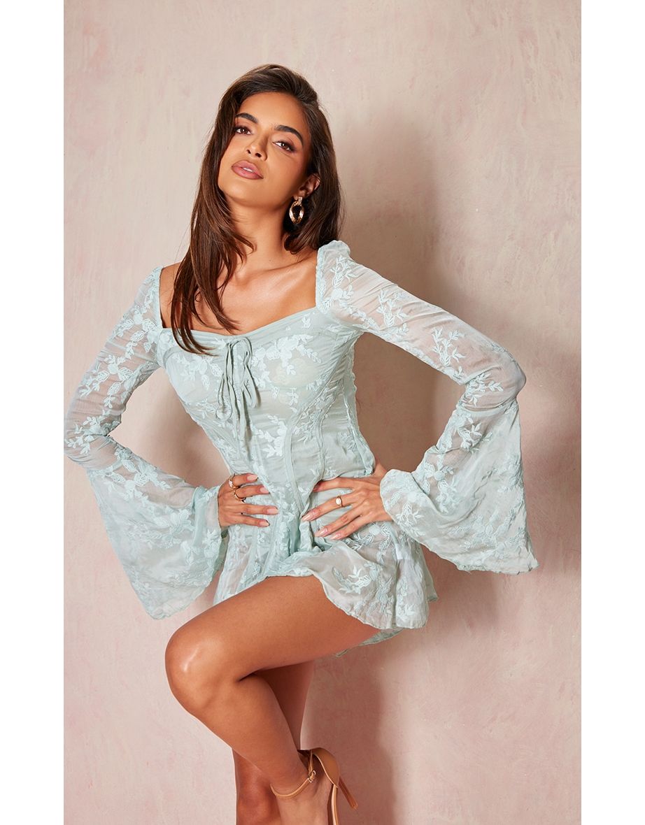 Sage Green Lace Binding Detail Flare Sleeve Playsuit