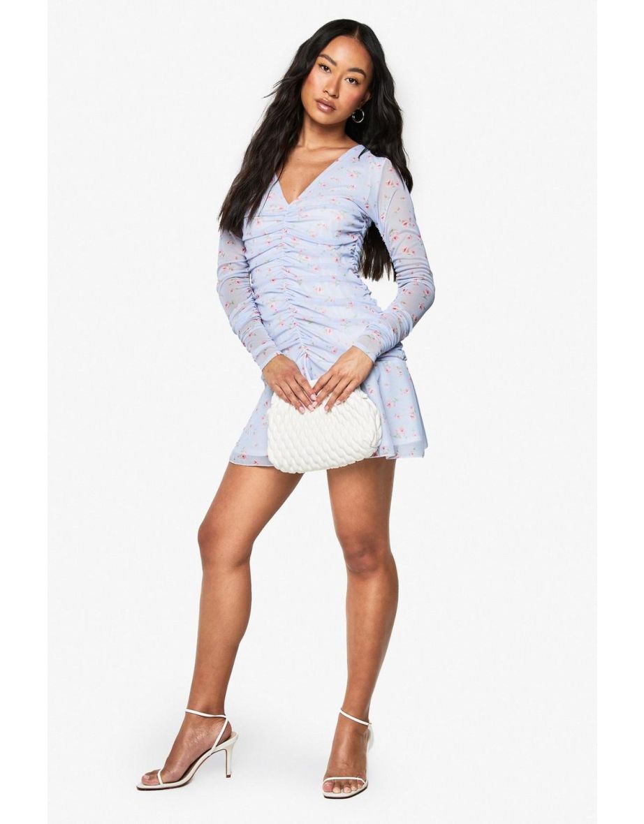 Petite Ruched Plunge Long Sleeve Floral Skater Dress - pastel blue
