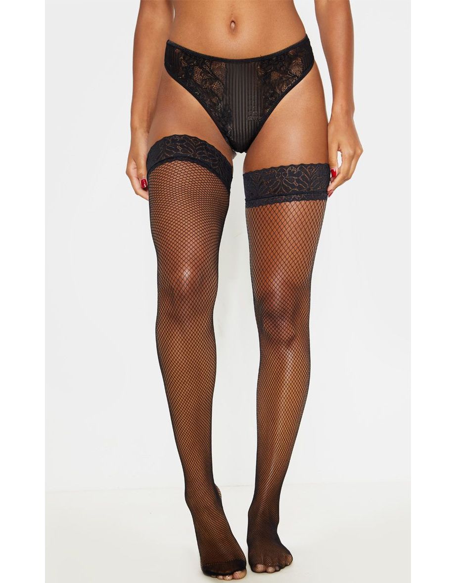 Black Lace Top Fishnet Hold Ups - 1