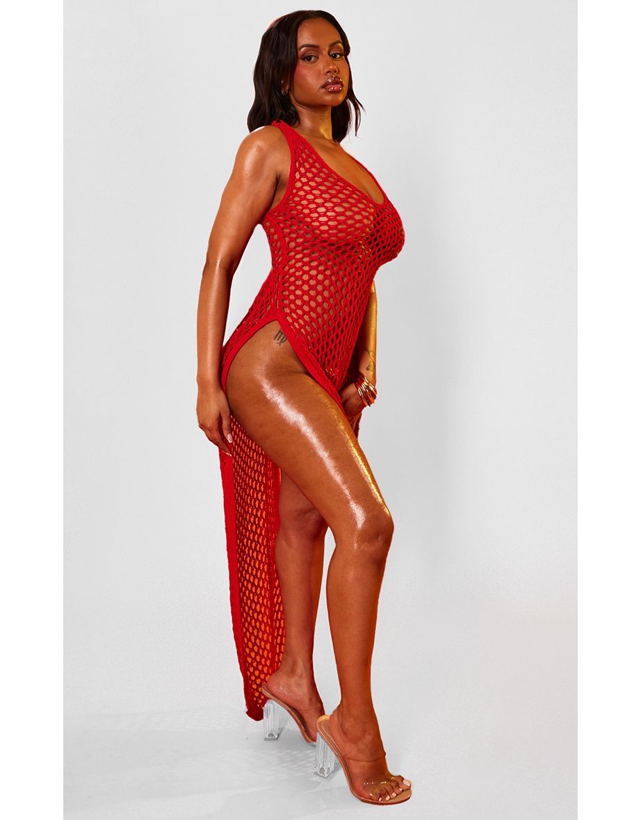 Shape Red Crochet Knit Split Side Maxi Dress