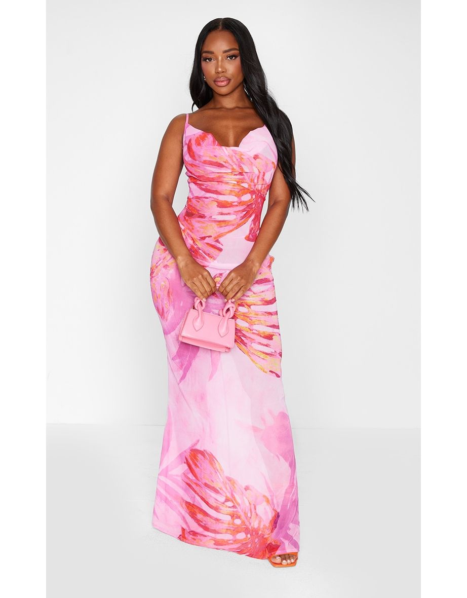 Shape Pink Tropical Print Strappy Cowl Neck Maxi Dress