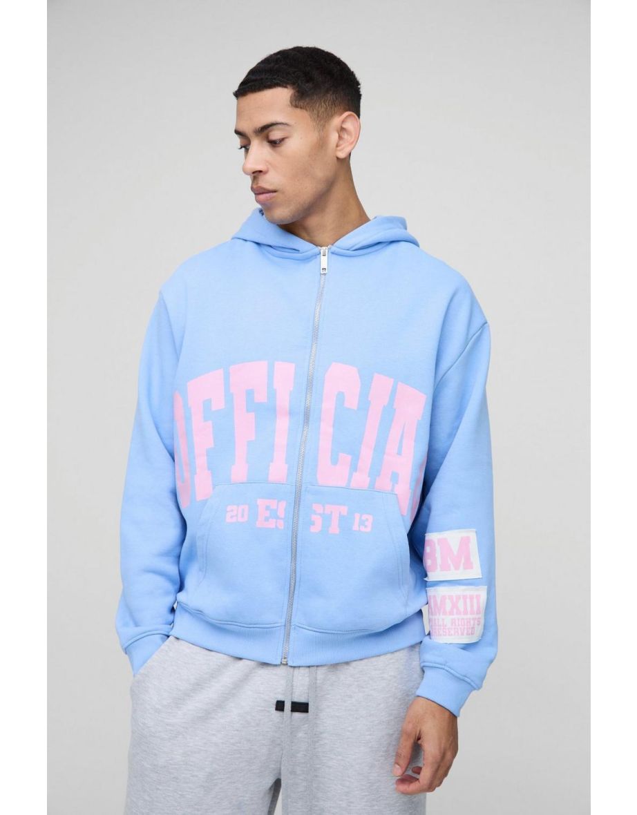 Oversized Official Raw Edge Applique Badge Zip Through Hoodie - blue