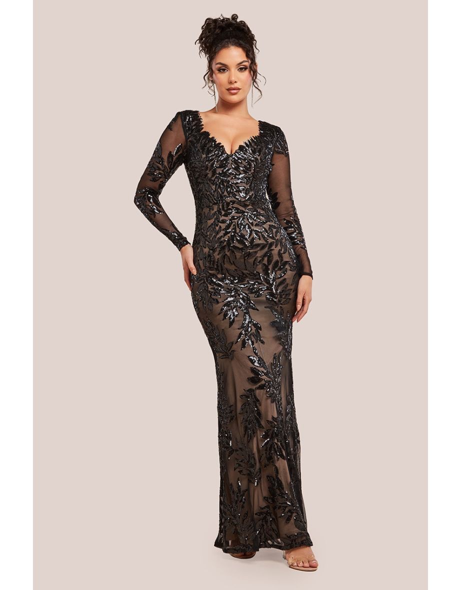 Goddiva Long Sleeve Sequin Leaf Long Sleeve Maxi Dress - Black