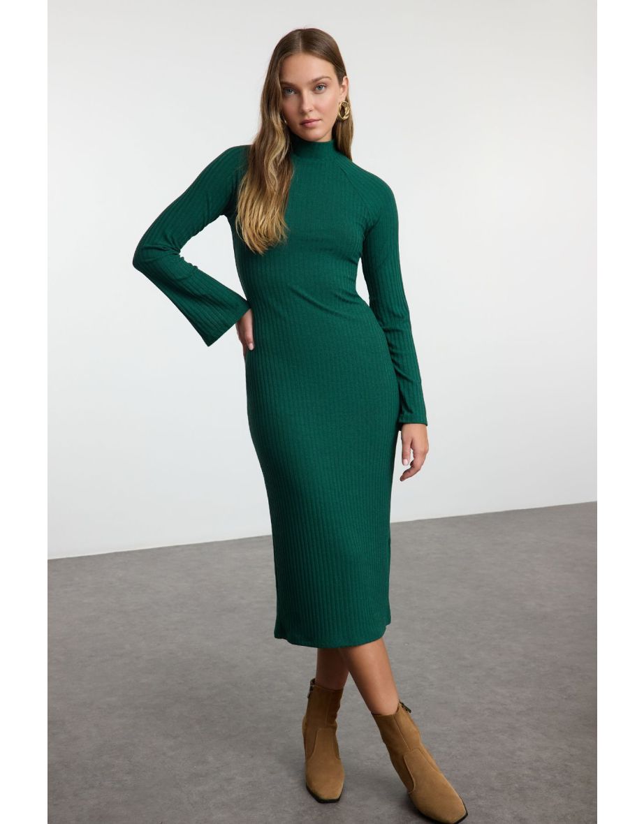 Emerald Green Straight Slit Midi Fitted/Fits Body Ribbed Stretch Knit Dress