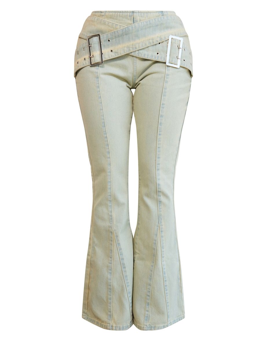 Shape Acid Green Washed Denim Belted Flare Jeans - 4