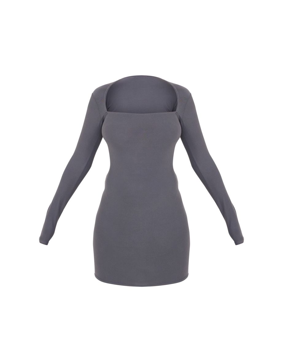 Charcoal Soft Touch Square Neck Long Sleeve Bodycon Dress - 4