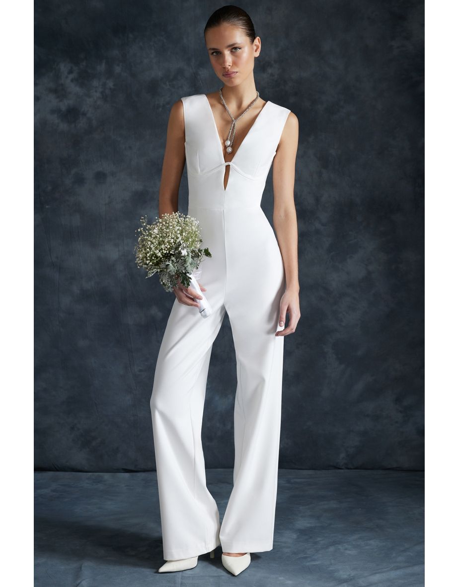 White Wide Leg Woven Unlined Wedding/Wedding Jumpsuit