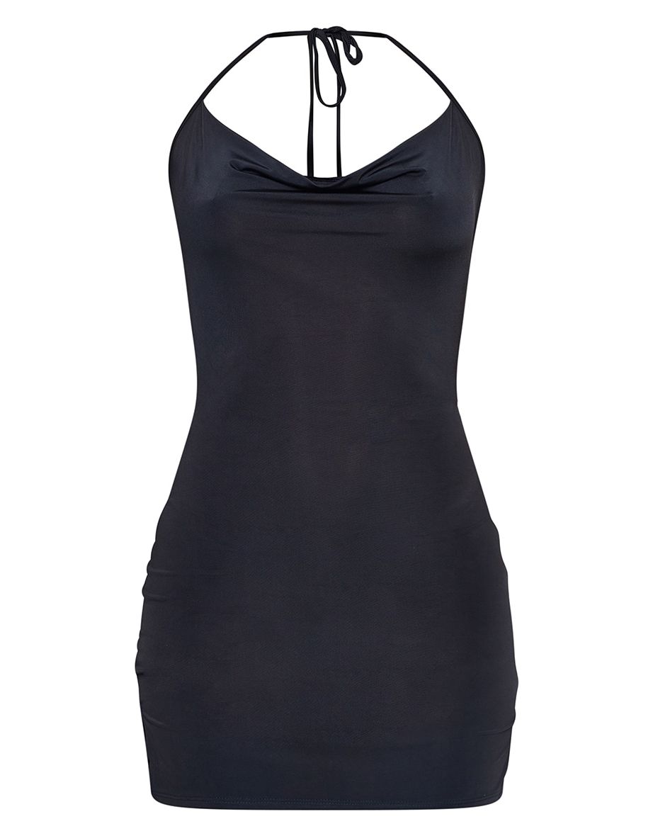 Black Slinky Halterneck Cowl Bodycon Dress - 4