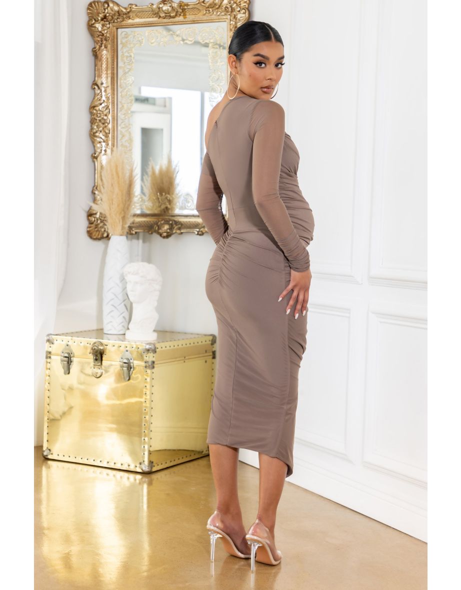 Sweet Dreams | Mocha Maternity Ruched Sheer Sleeve Midi Dress