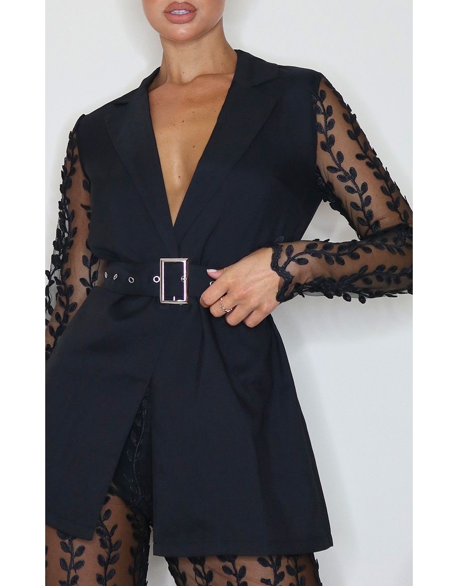 Black Woven Lace Sleeve Belt Blazer - 3