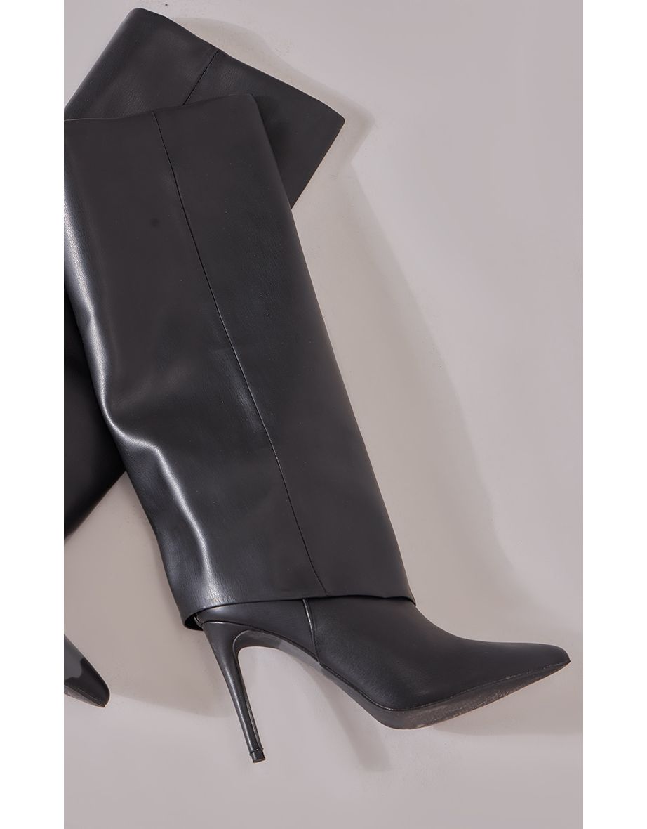Black Faux Leather Point Toe Fold Over High Heeled Calf High Boots - 3