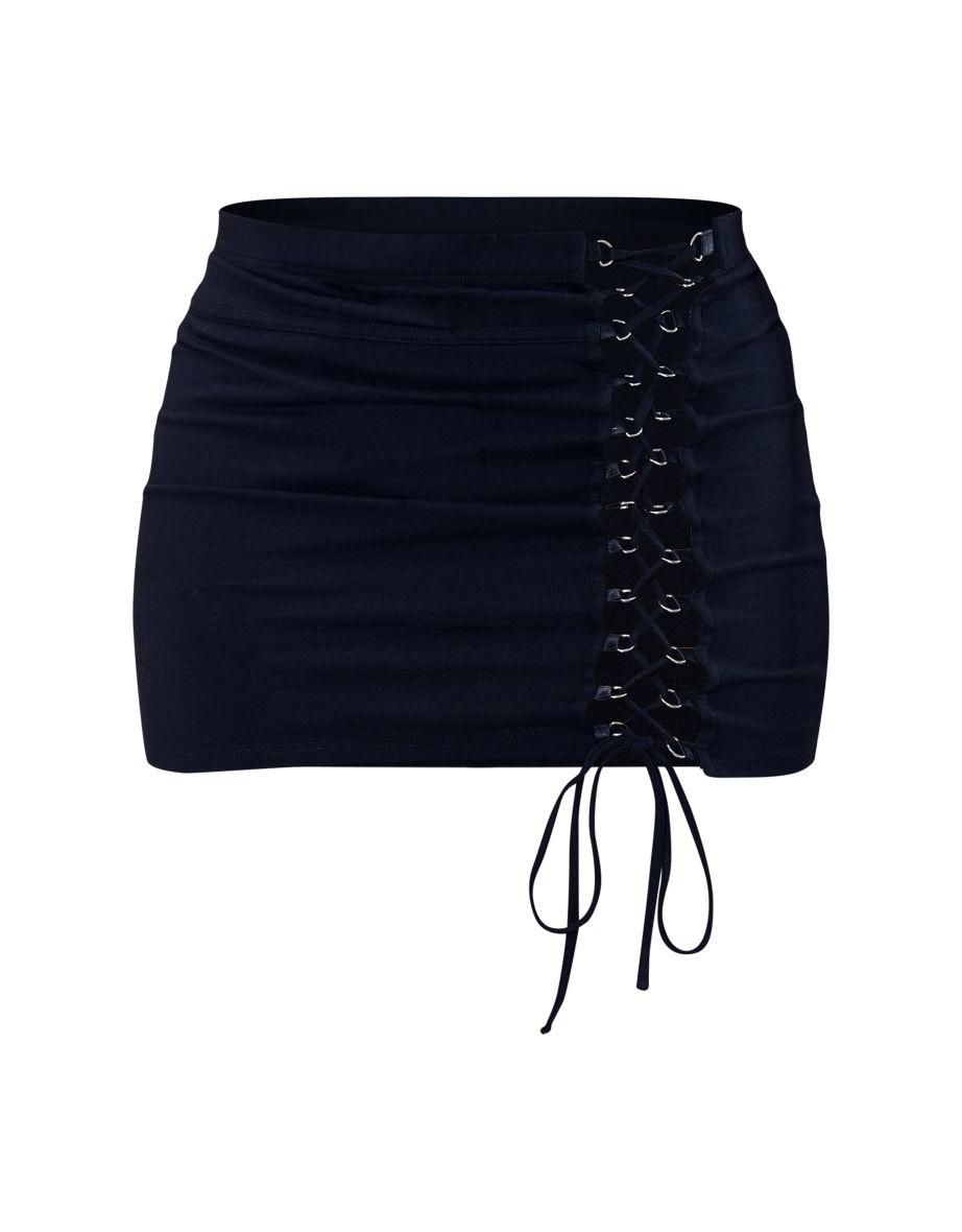 Black Lace Up Detail Micro Mini Skirt - 5