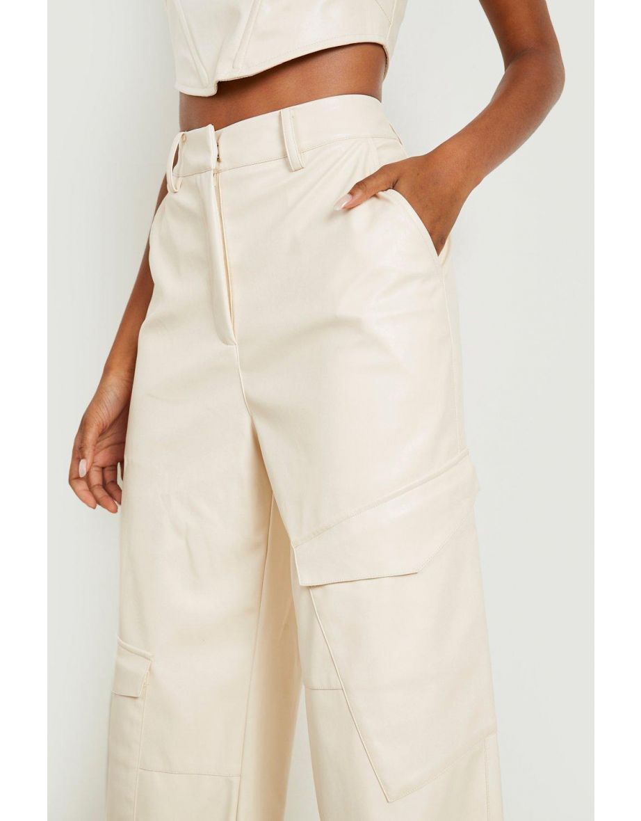 Leather Look Wide Leg Cargo Trousers - ecru - 3