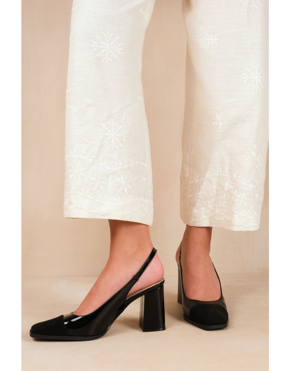 HELSINKI MID BLOCK TOE CAP SLINGBACK COURT SHOES IN BLACK PATENT/BLACK SUEDE