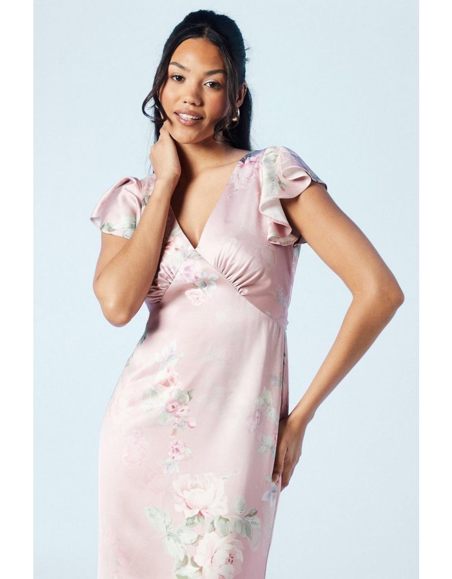Trailing Blossom Printed Satin Angel Sleeve Bridesmaids Dress - 3