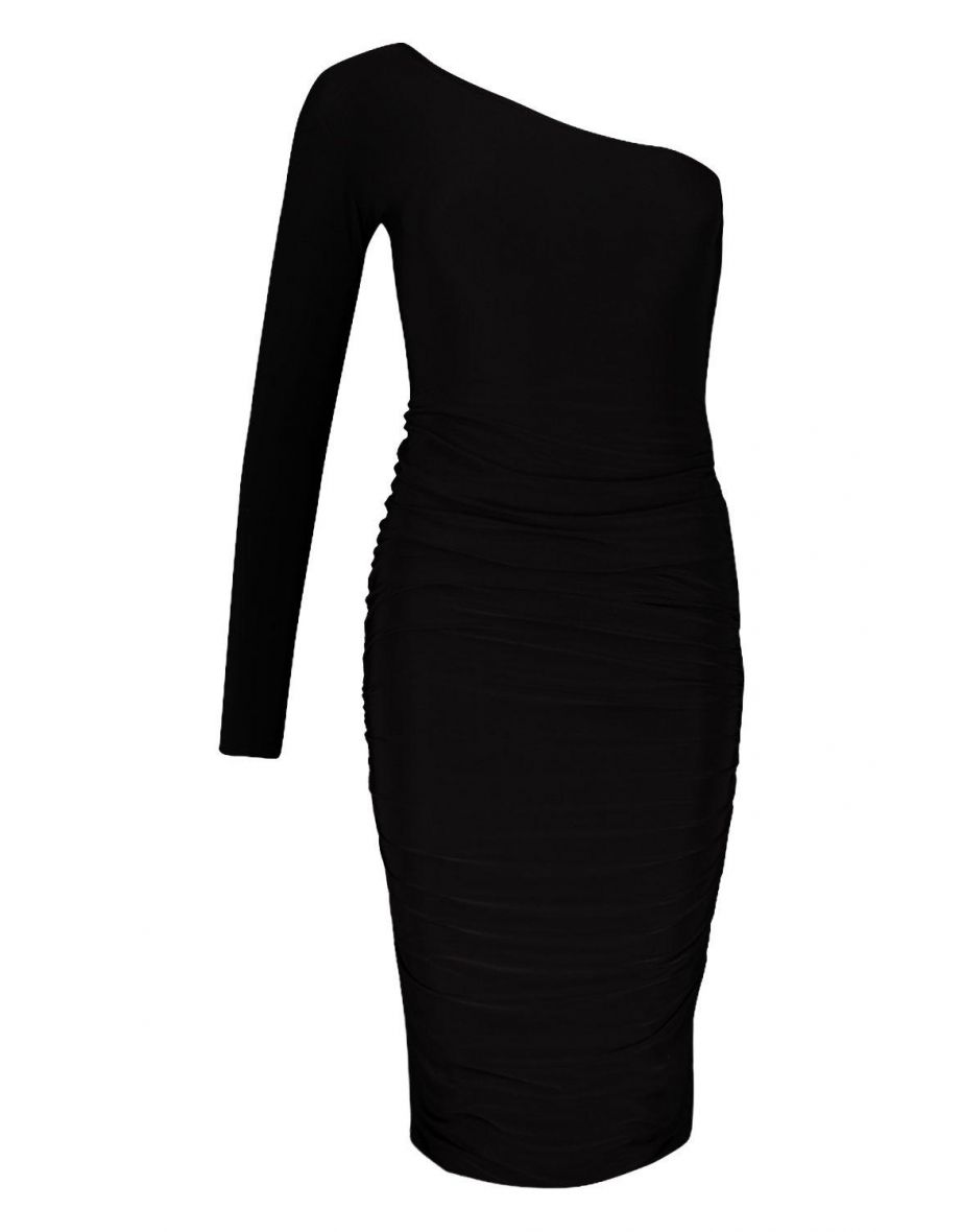 One Shoulder Double Layer Slinky Midi Dress - black - 1