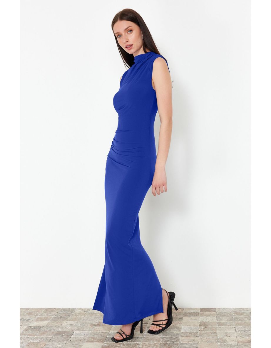 Shop Saks Draped Fitted High neck Sleeveless Stretchy Knitted Maxi Pencil Dress Online in Bahrain VogaCloset