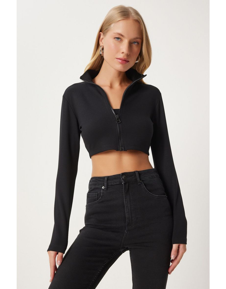 Women's Black Zipper Crop Scuba Jacket