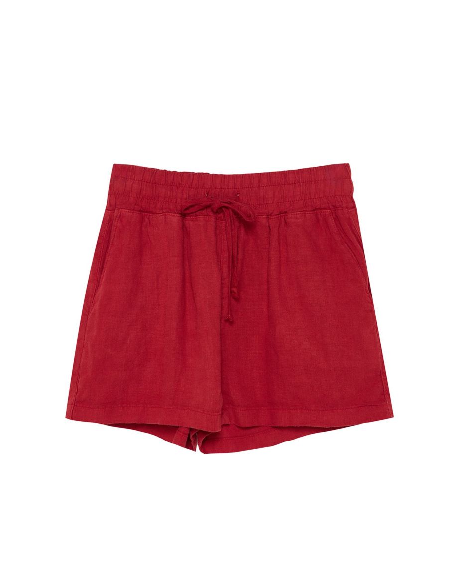 Red Linen Elastic Waist High Waist Shorts - 6