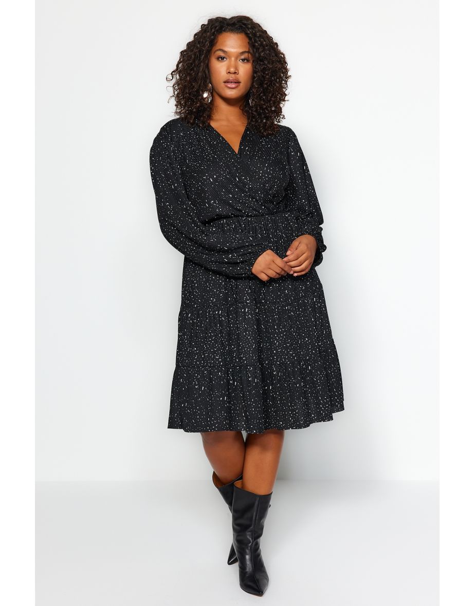 Black Plus A-Line Mini Skater Dress with Long Sleeve