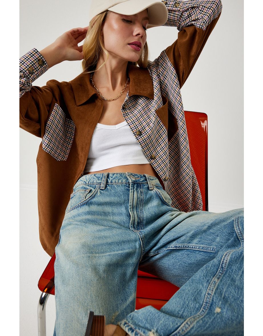 Women's Tan Cream Color Block Suede Woven Shirt