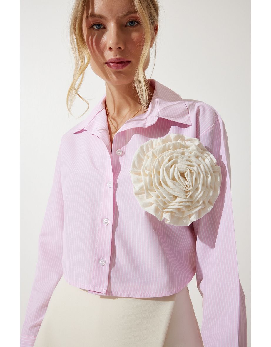Women's Light Pink Premium Flower Brooch Detailed Crop Shirt
