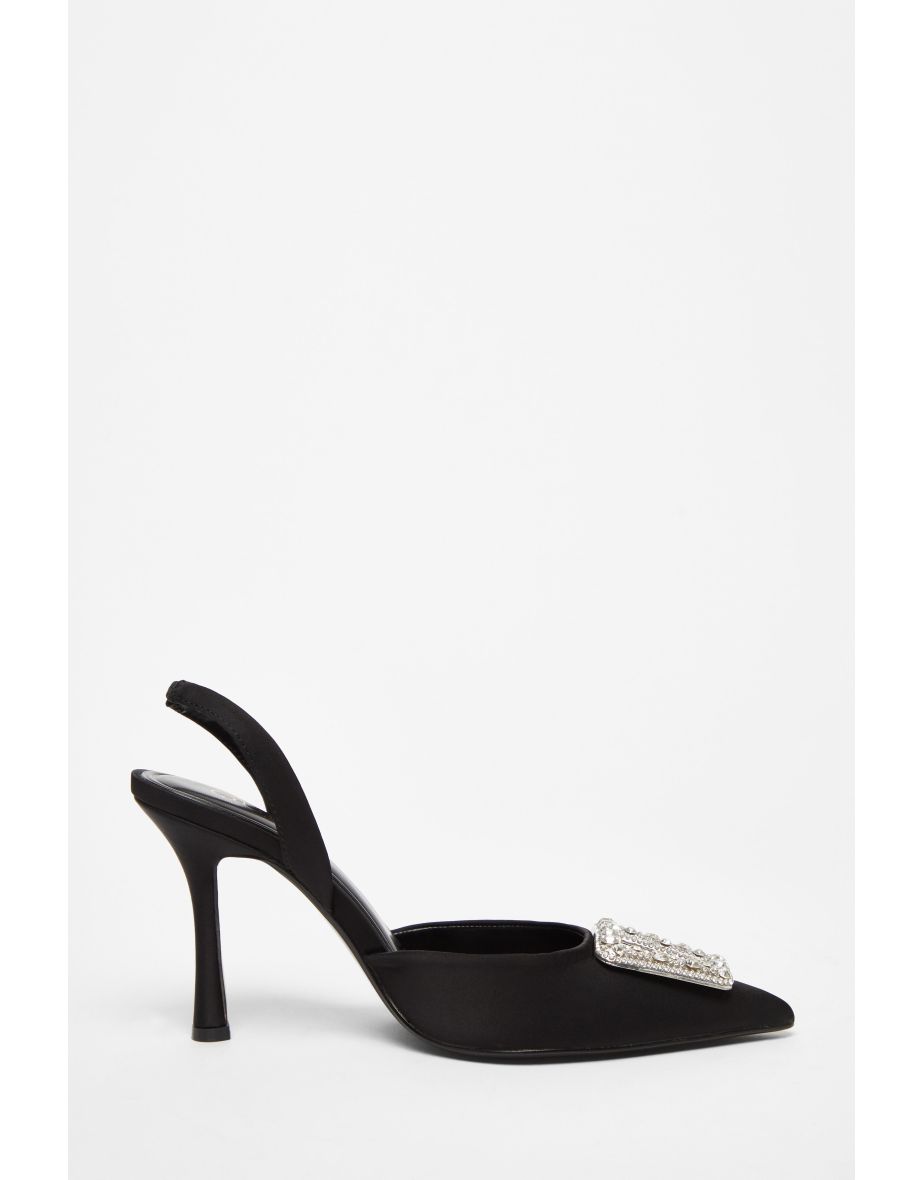 Black Satin Brooch Court Heels