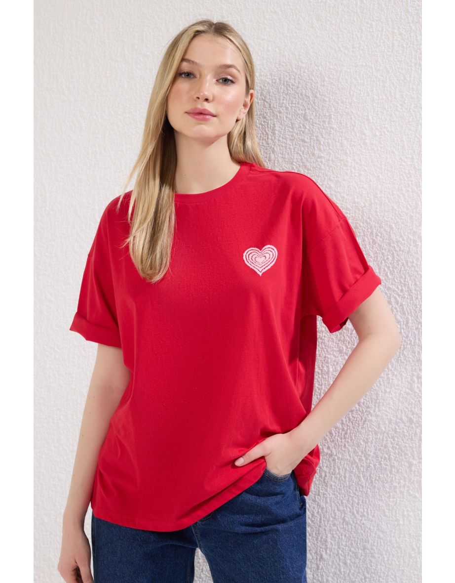 Red 100% Cotton Front and Back Embossed Printed Oversize/Wide Pattern Knitted T-Shirt