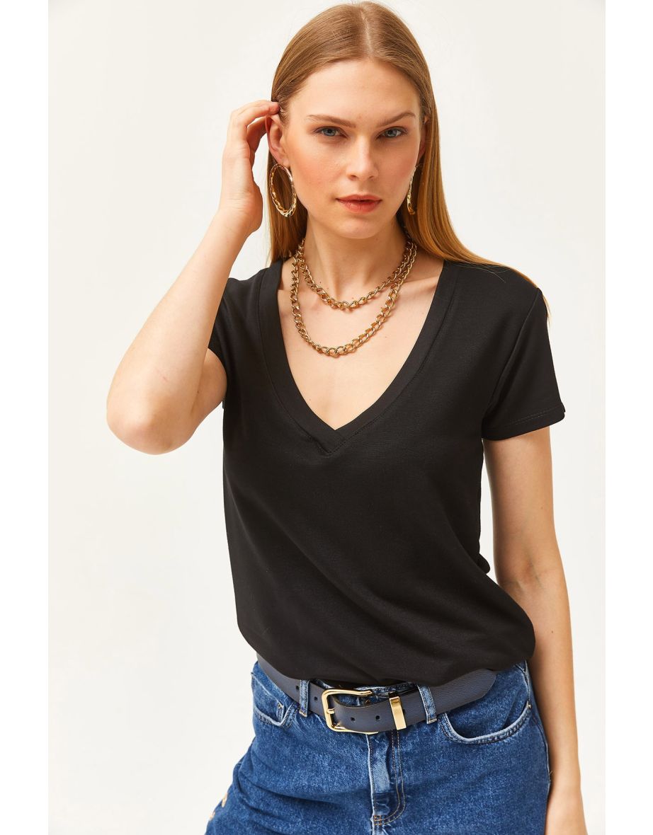 Women's Black Deep V-Neck Modal Touch T-Shirt