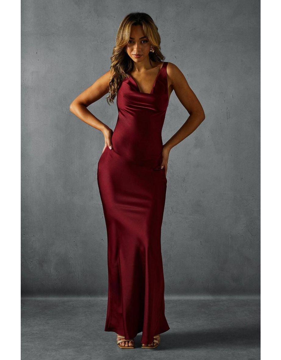Premium Satin Cowl Neck Fishtail Maxi Dress
