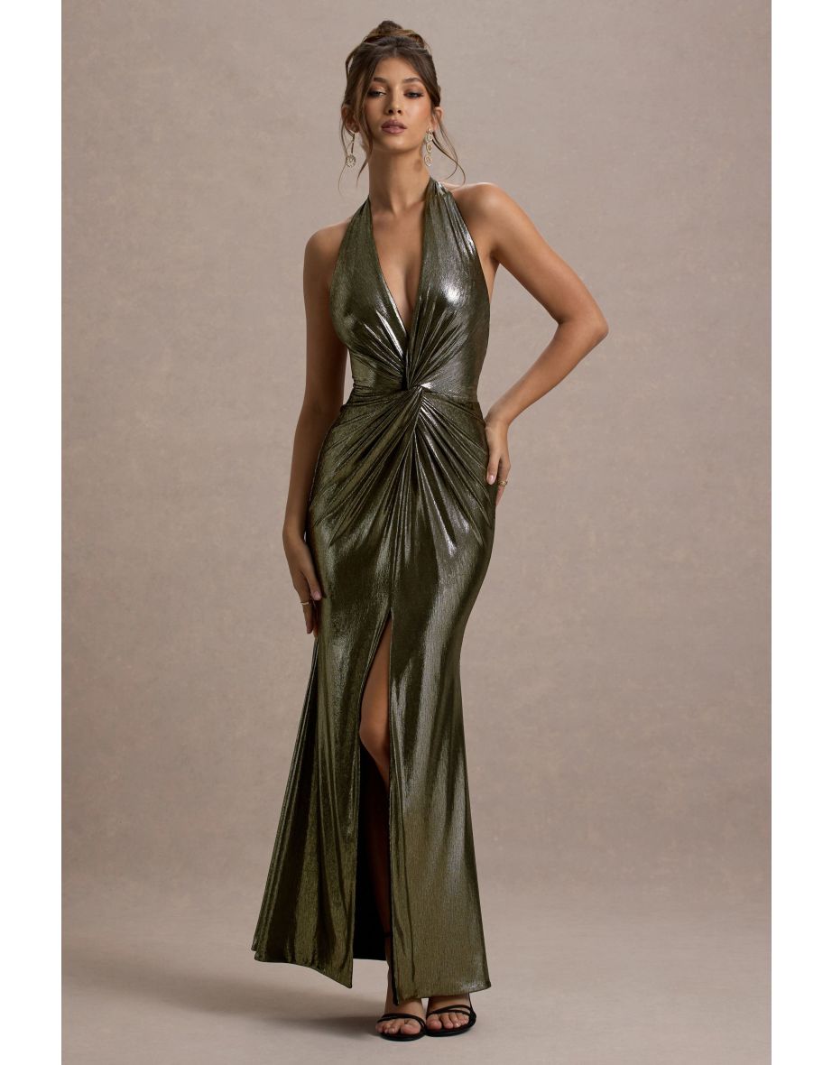 Carana | Gold Plunge-Neck Knotted Split Maxi Dress