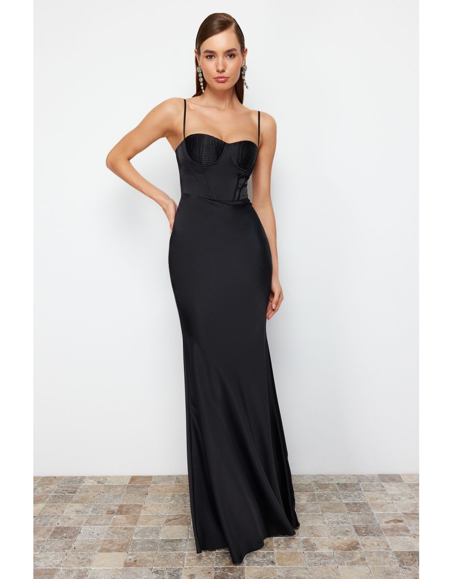 Black Body-fitting Woven Corset Detailed Satin Long Evening Evening Dress