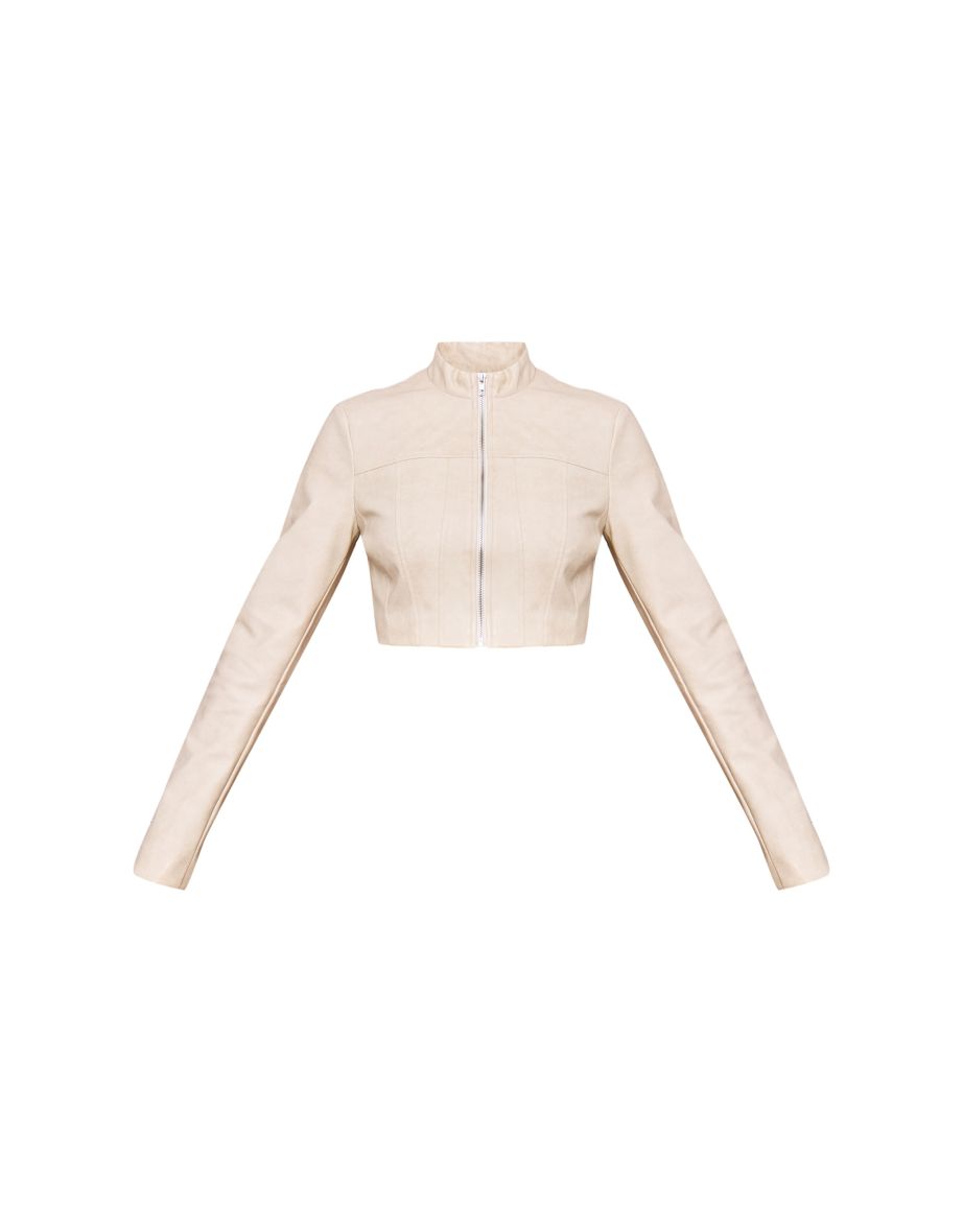 Cream Faux Leather Panel Details Biker Jacket - 4