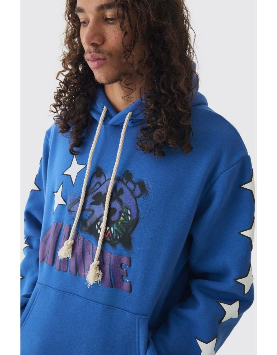 Oversized Graffiti Bear Print Hoodie - cobalt - 2