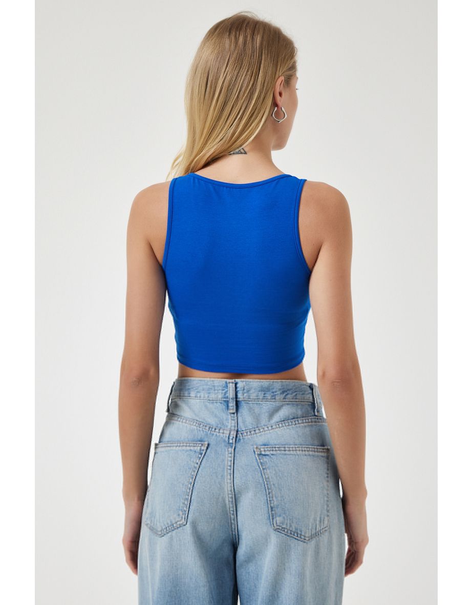 Women's Cobalt Blue Strappy Crop Knitted Blouse - 5