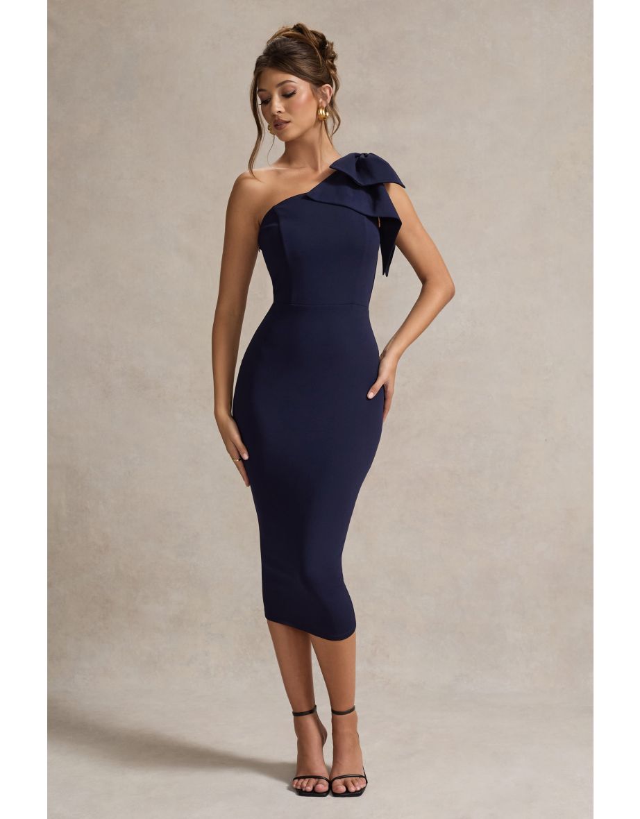 Ambretta | Navy One-Shoulder Midi Dress With Bow