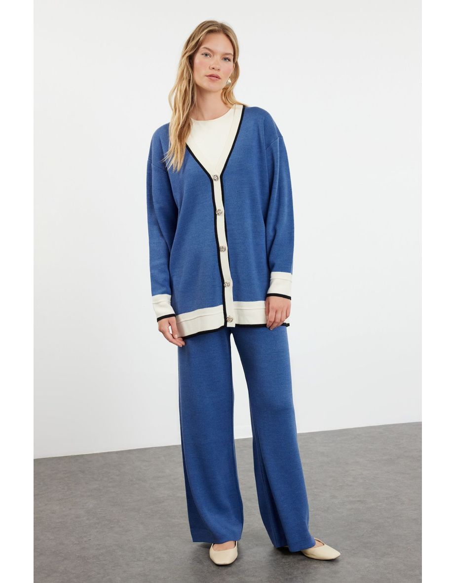 Indigo Color Block Knitwear Cardigan Trousers Bottom-Top Set