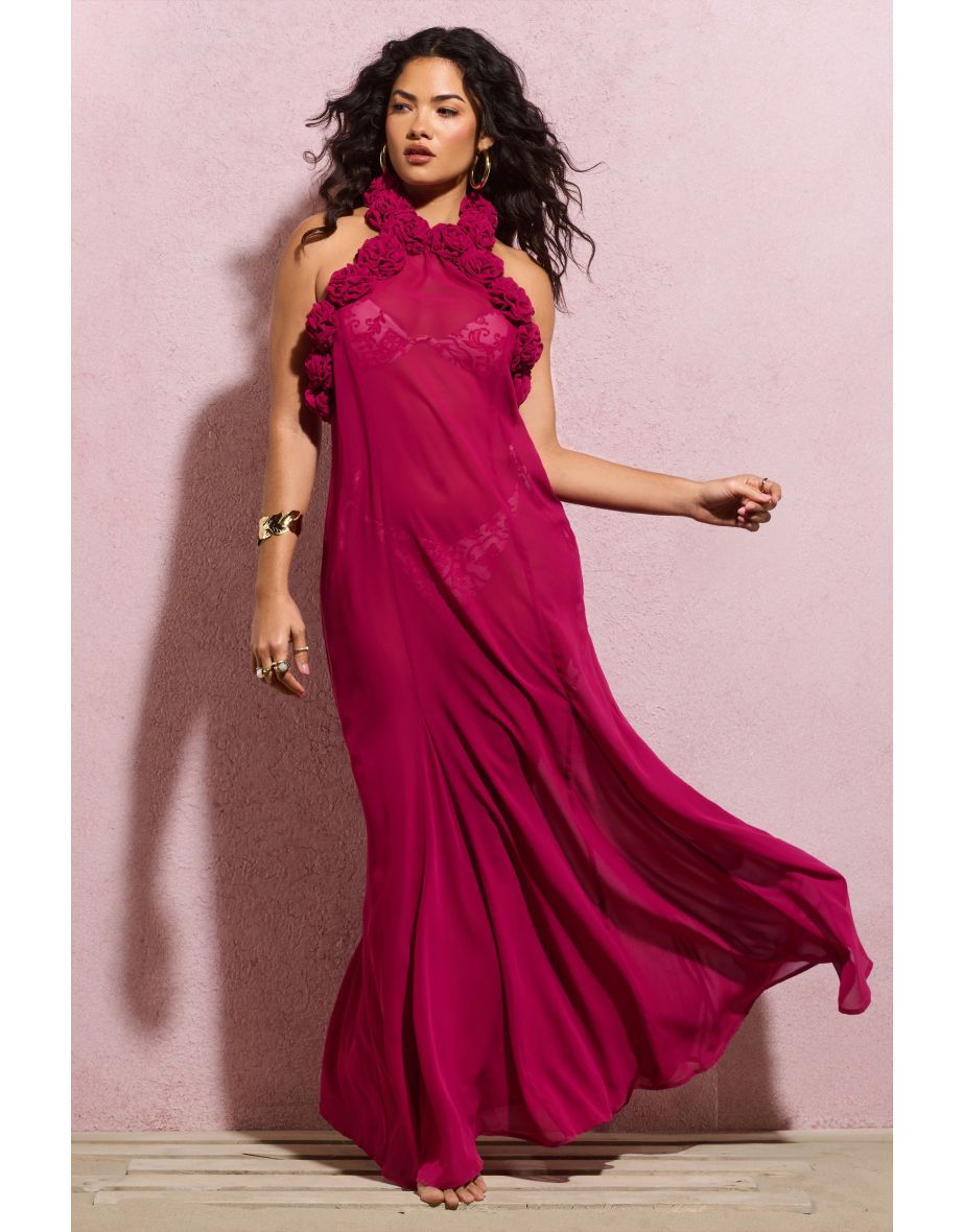 Naelya | Dark Pink Chiffon Halter-Neck Maxi Dress With Corsages