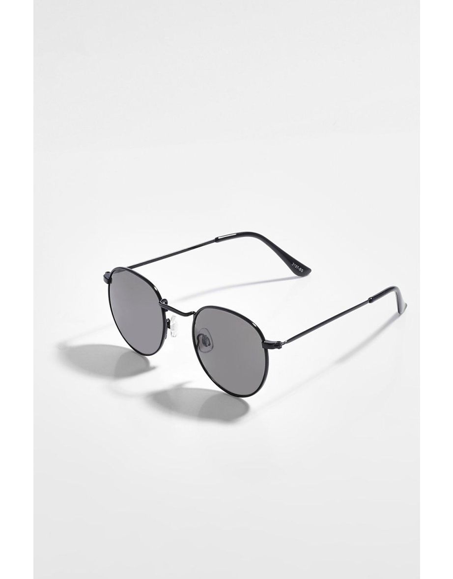 Black Flat Lens Round Sunglasses - black
