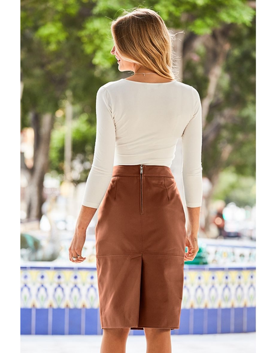 Tan Leather Buckle Detail Pencil Skirt - 4