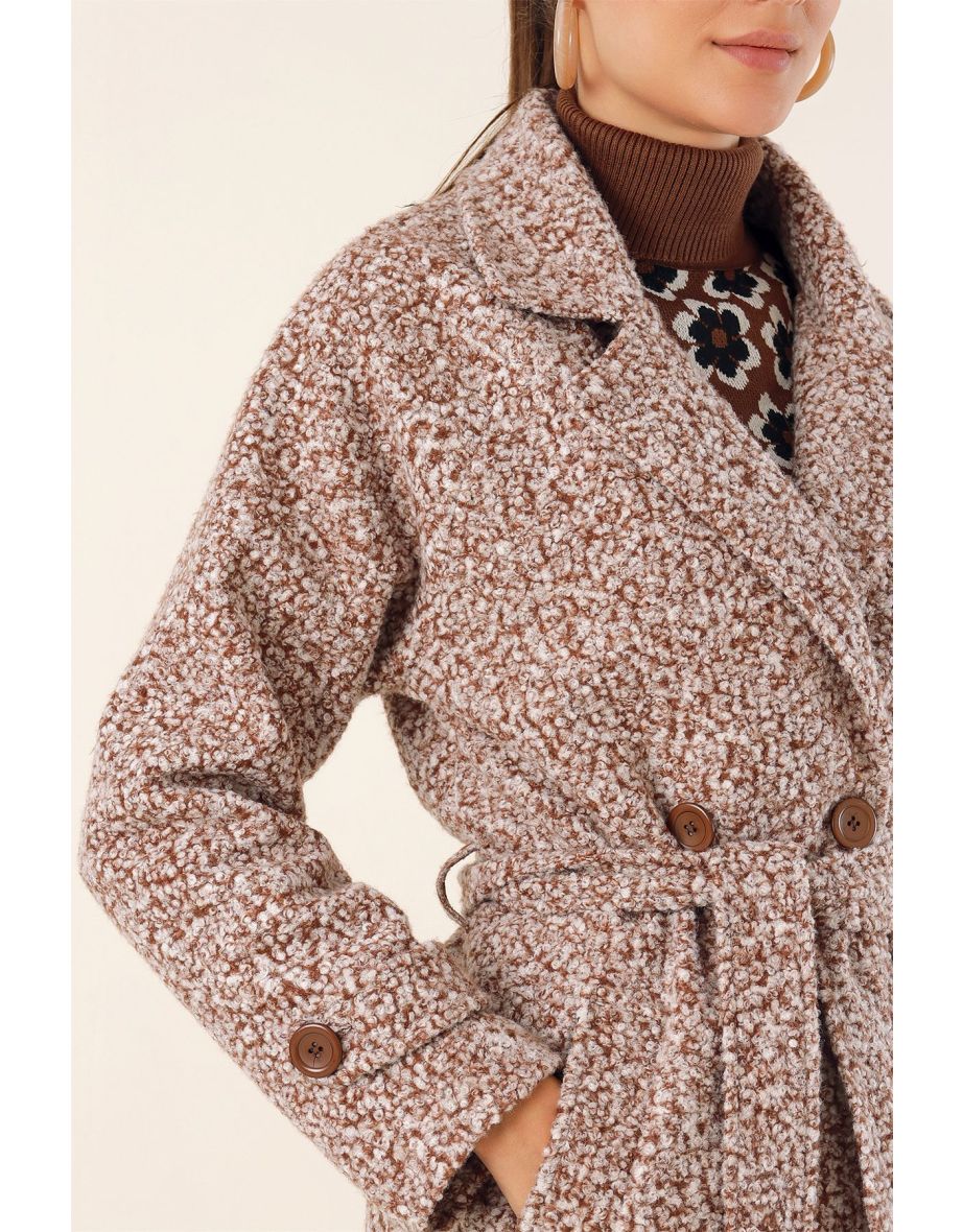 Double Breasted Neck Boucle Coat - Brown - 5