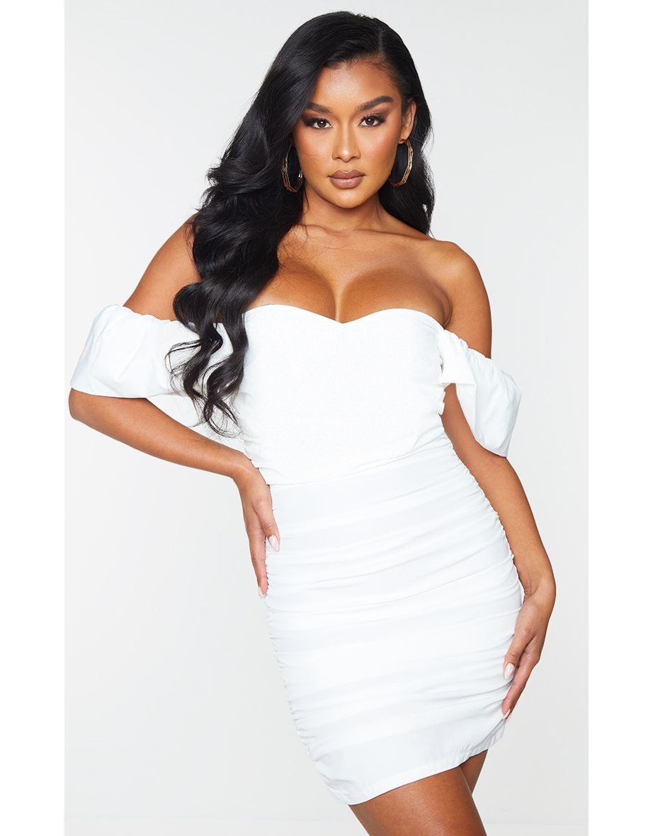 White bardot hot sale ruched bodycon dress