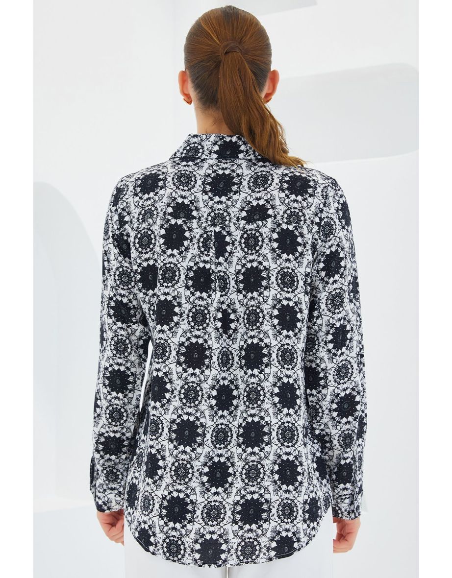 Women's Black and White Graphic Patterned Viscose Shirt - 4