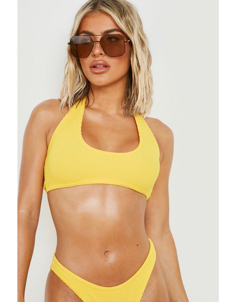 Crinkle Cross Front Halter Bikini Top - yellow