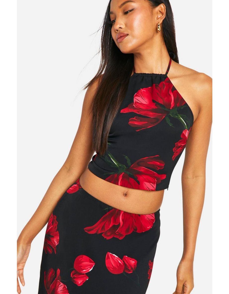Rose Print Tie Back Halterneck Cami Top - black - 3